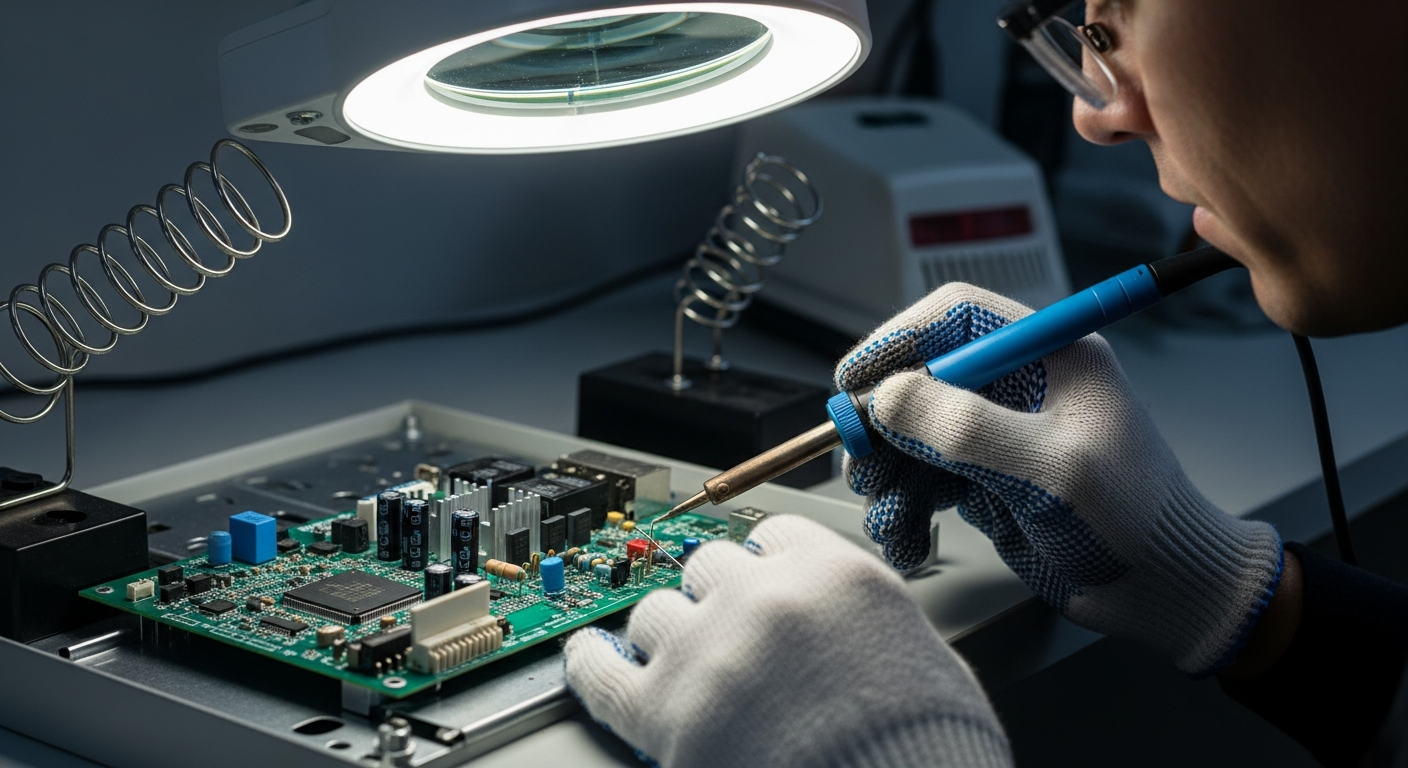 Técnico realizando soldadura de estaño en una central de alarma