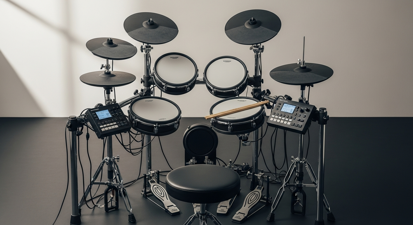 Batería electrónica profesional con pads de malla y módulo avanzado