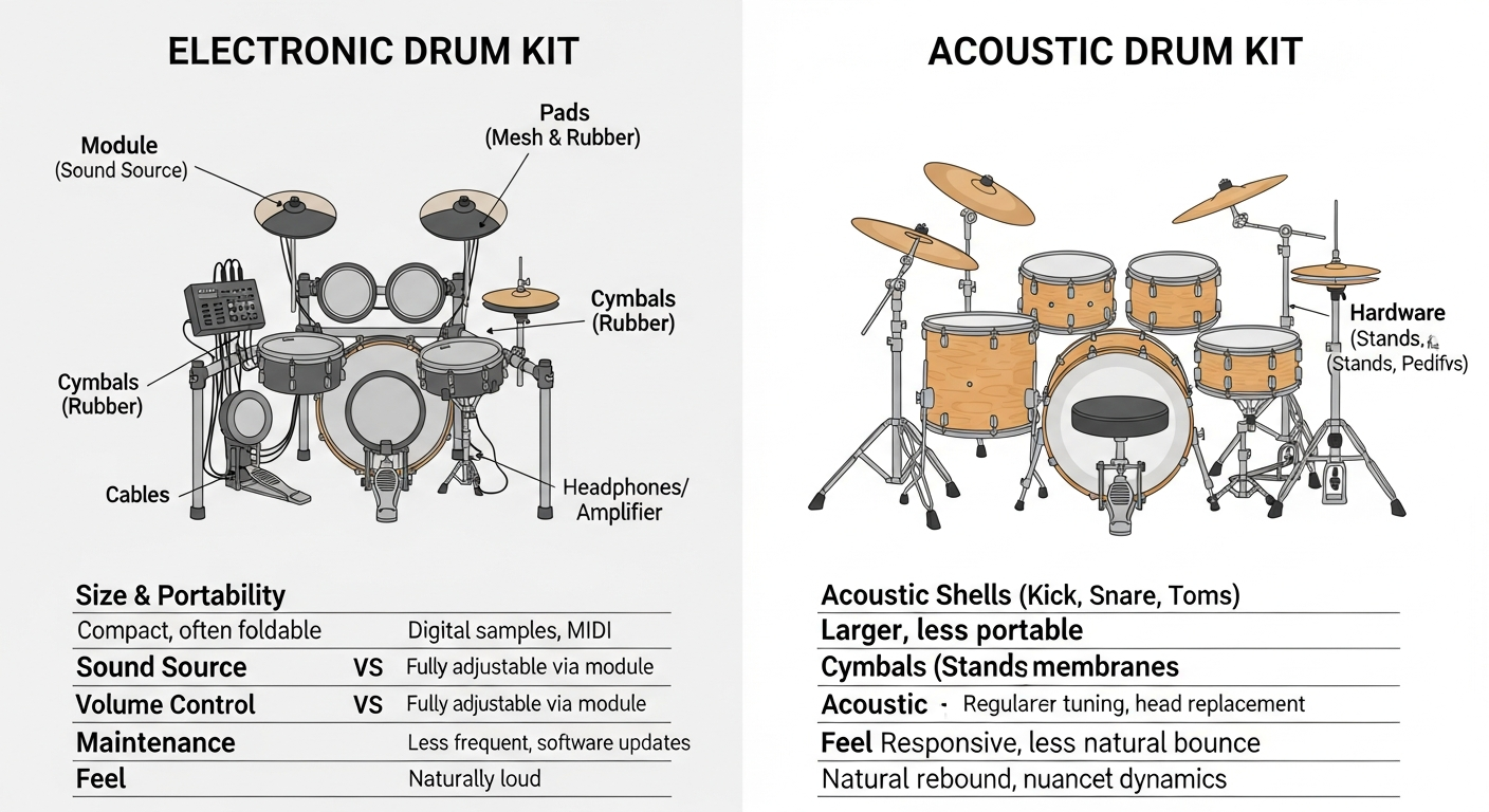 Comparación visual entre batería electrónica y acústica mostrando diferencias de tamaño