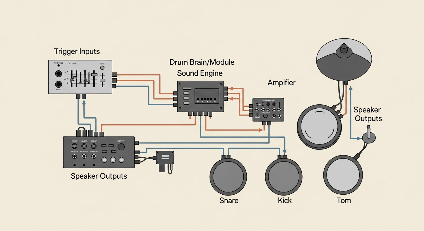 Diagrama de componentes de batería electrónica mostrando pads, módulo y conexiones