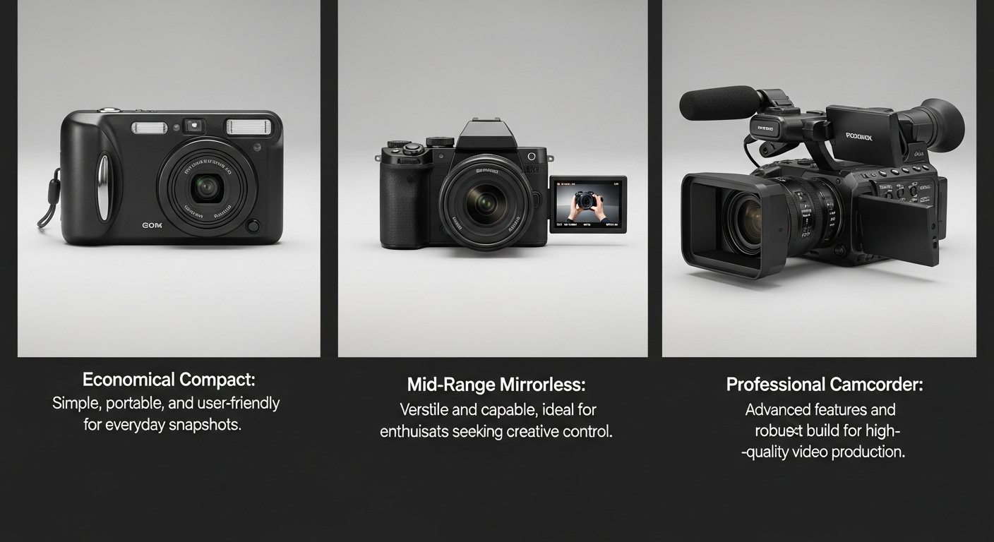 Ejemplos de cámaras de video en gama baja, media y alta