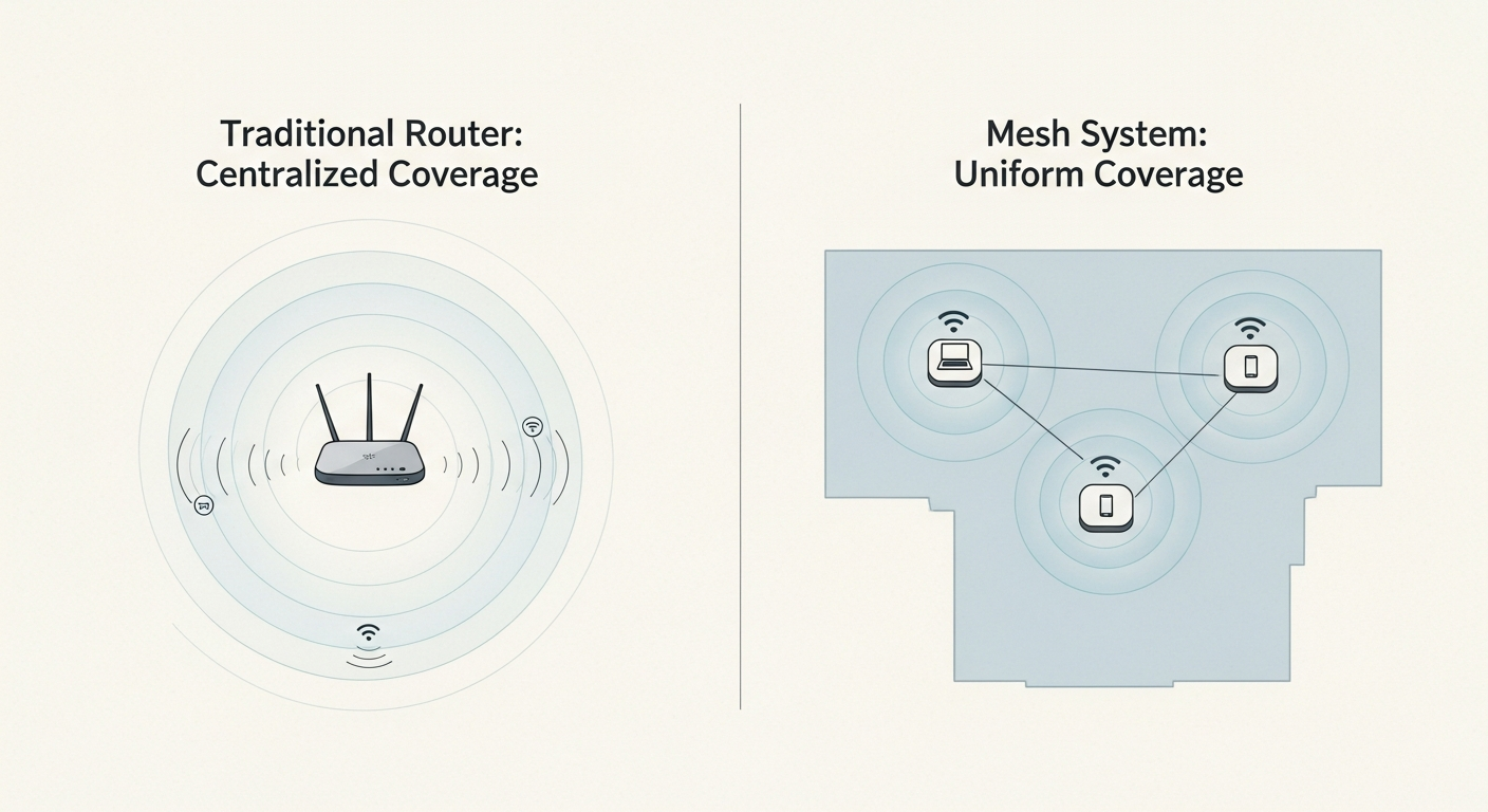 Comparación visual entre routers tradicionales y sistemas mesh