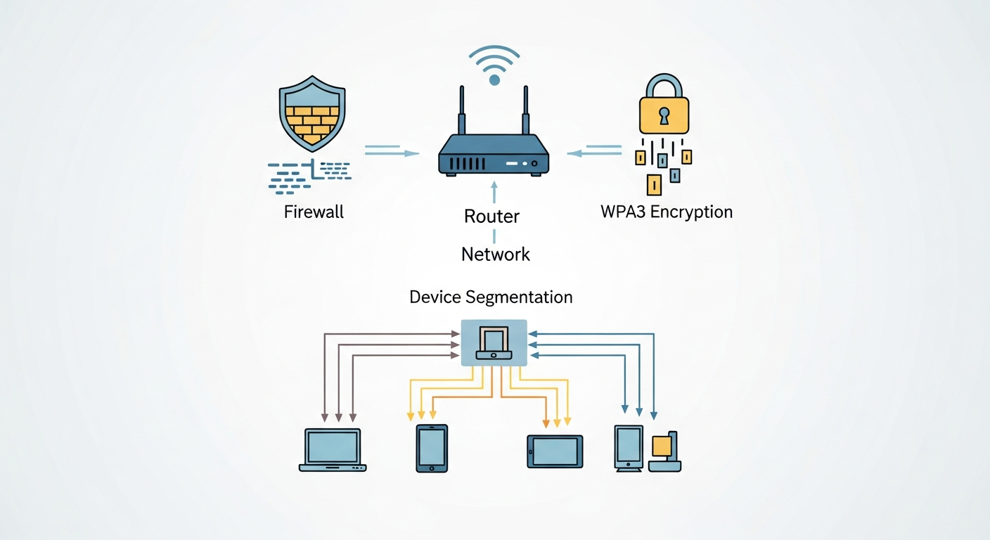 Diagrama de seguridad en red mostrando firewall y cifrado WPA3