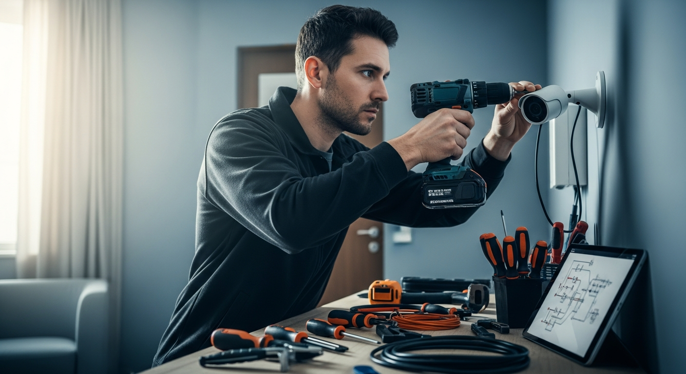 Técnico instalando sistema de seguridad en una tienda especializada