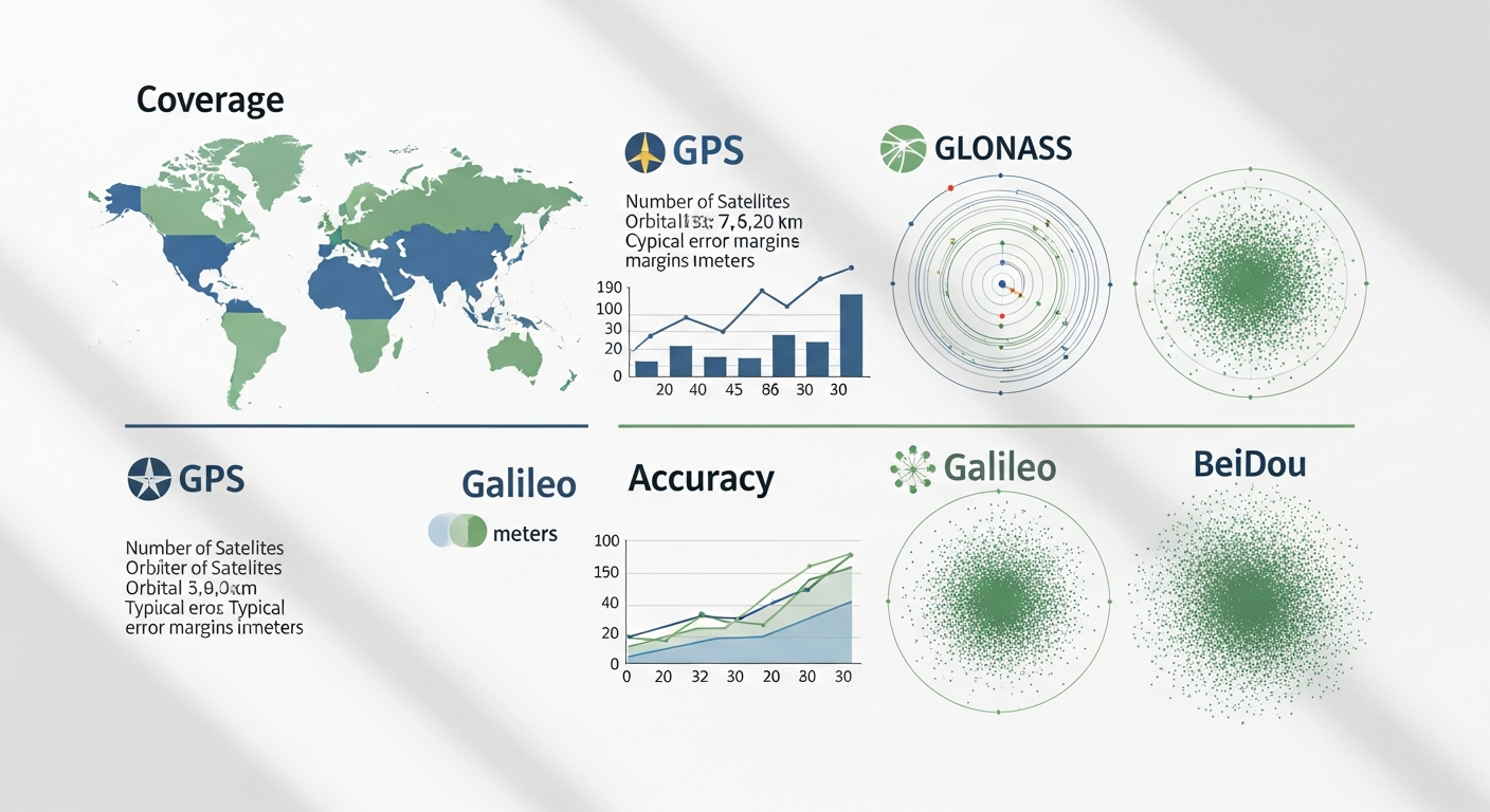 Comparación visual de tecnologías GPS, GLONASS y Galileo