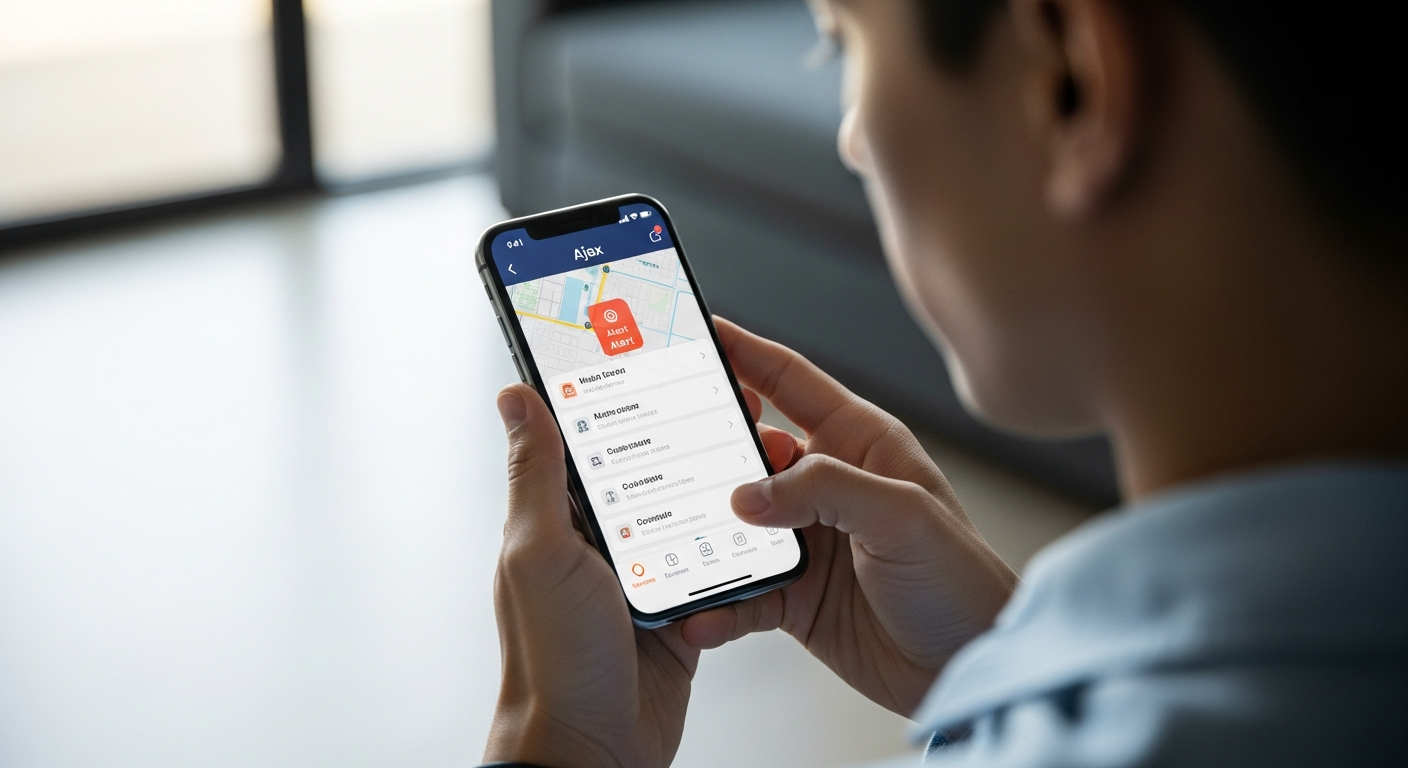 Hombre revisando sistema de alarma Ajax en su smartphone