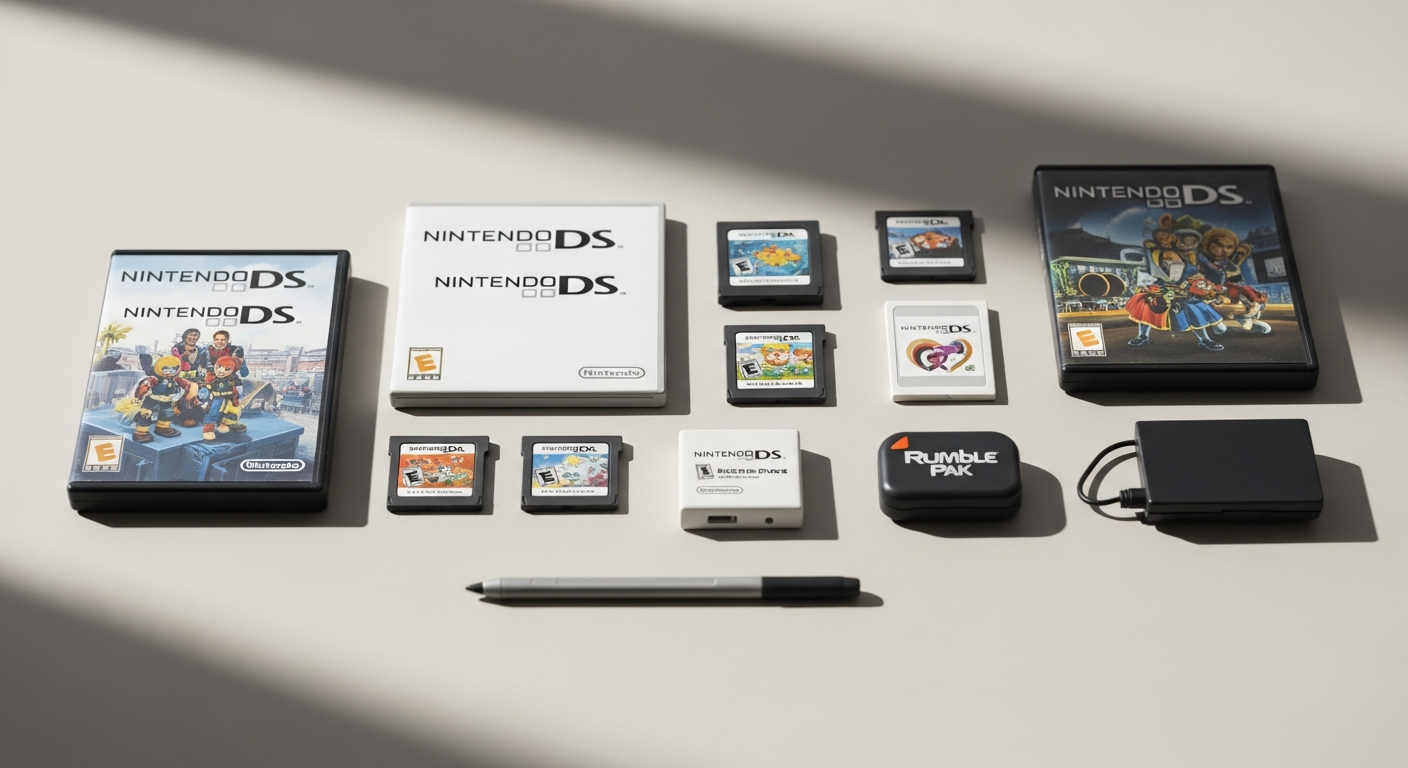 Consola Nintendo DS mostrada junto a accesorios y juegos emblemáticos