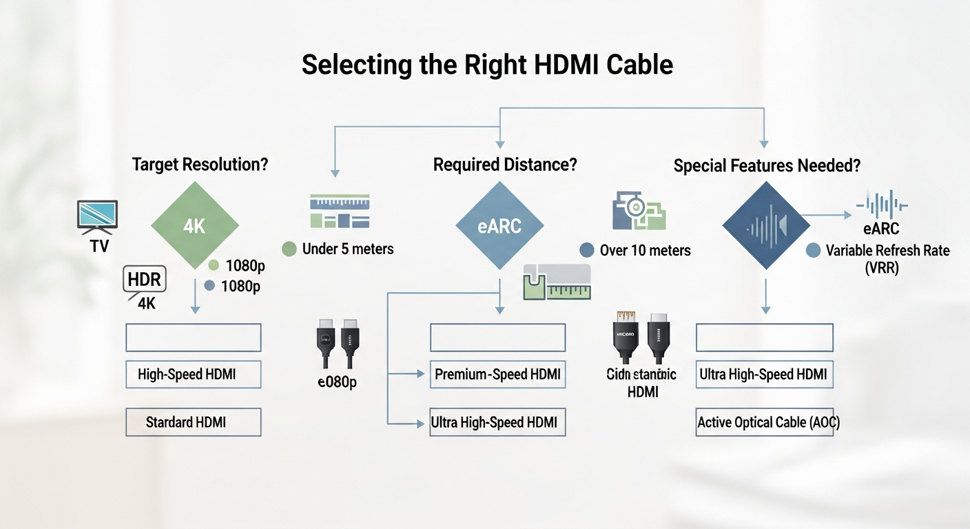 Diagrama de selección de cable HDMI según resolución y distancia