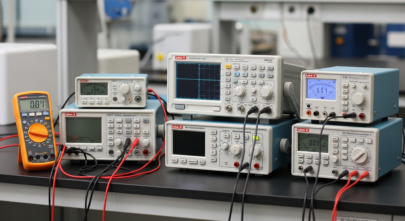 Estación de trabajo con instrumentos Uni-T en laboratorio educativo