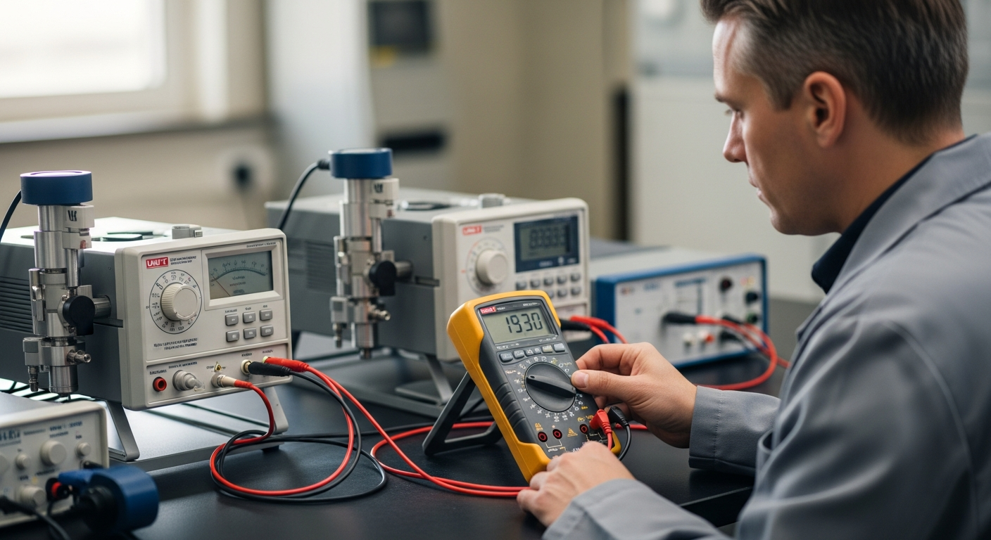 Proceso de calibración de multímetro Uni-T en laboratorio certificado