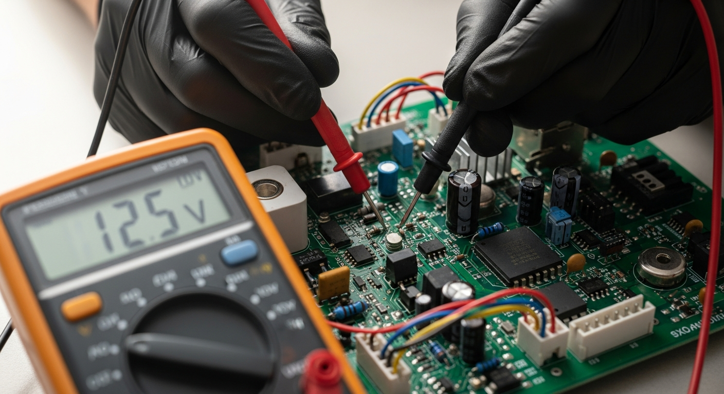 Multímetro digital profesional midiendo voltaje en circuito