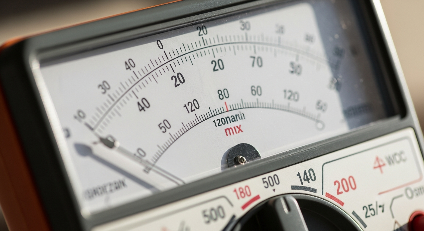 Escala detallada de multímetro analógico con aguja indicadora