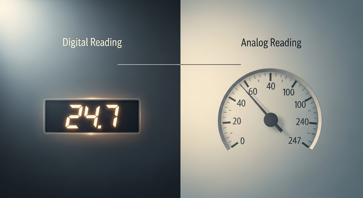 Comparación visual entre pantalla digital y escala analógica