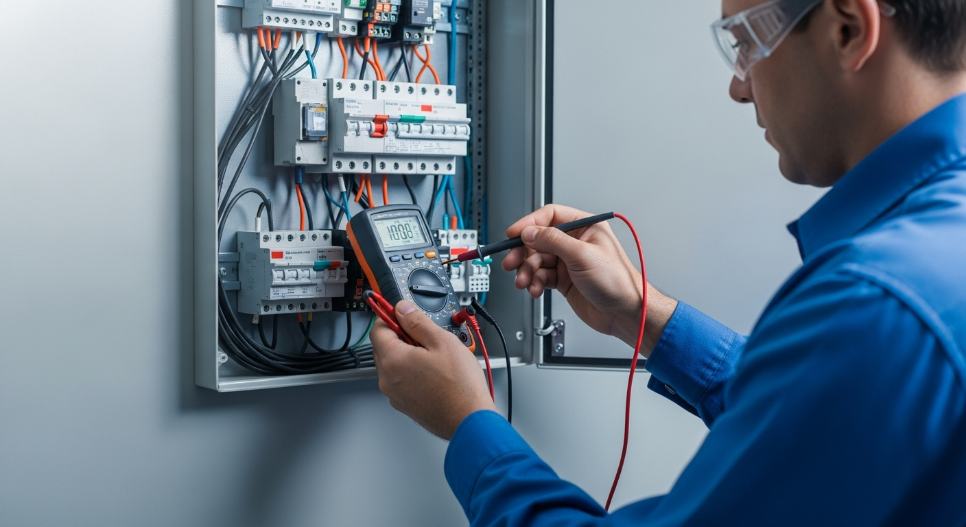 Multímetro profesional midiendo sistema de seguridad electrónica