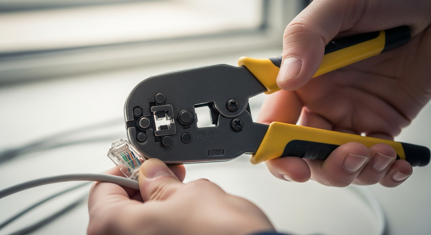 Crimpadora RJ45 profesional en uso para instalación de red
