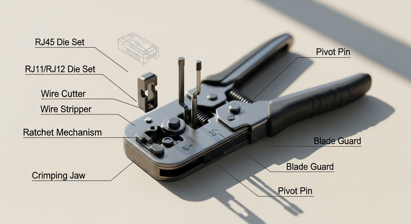 Diagrama detallado de las partes de una crimpadora RJ45 profesional