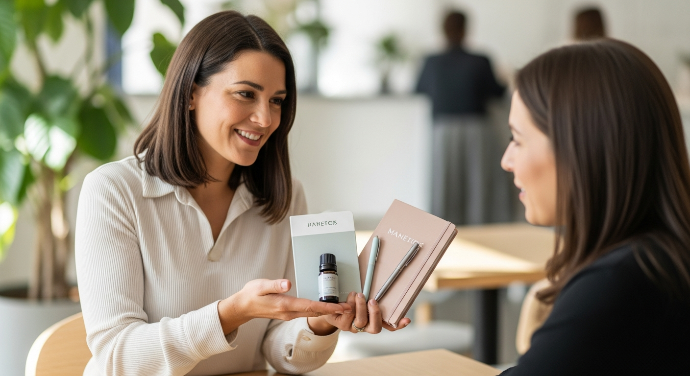 Asesora Marketing Personal mostrando productos sonriente