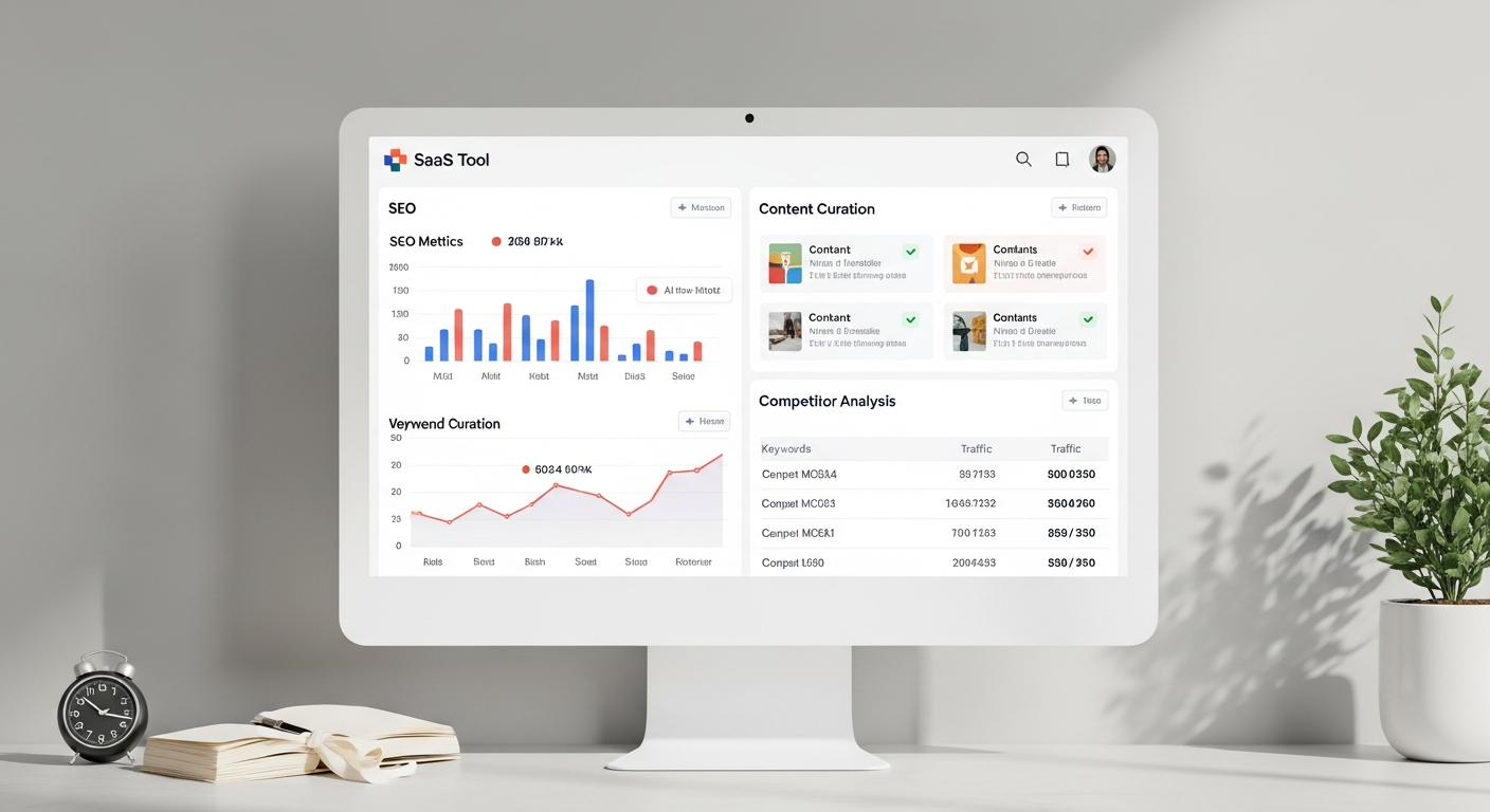 Dashboard de automatización SEO mostrando métricas de rendimiento y autocuración de contenido