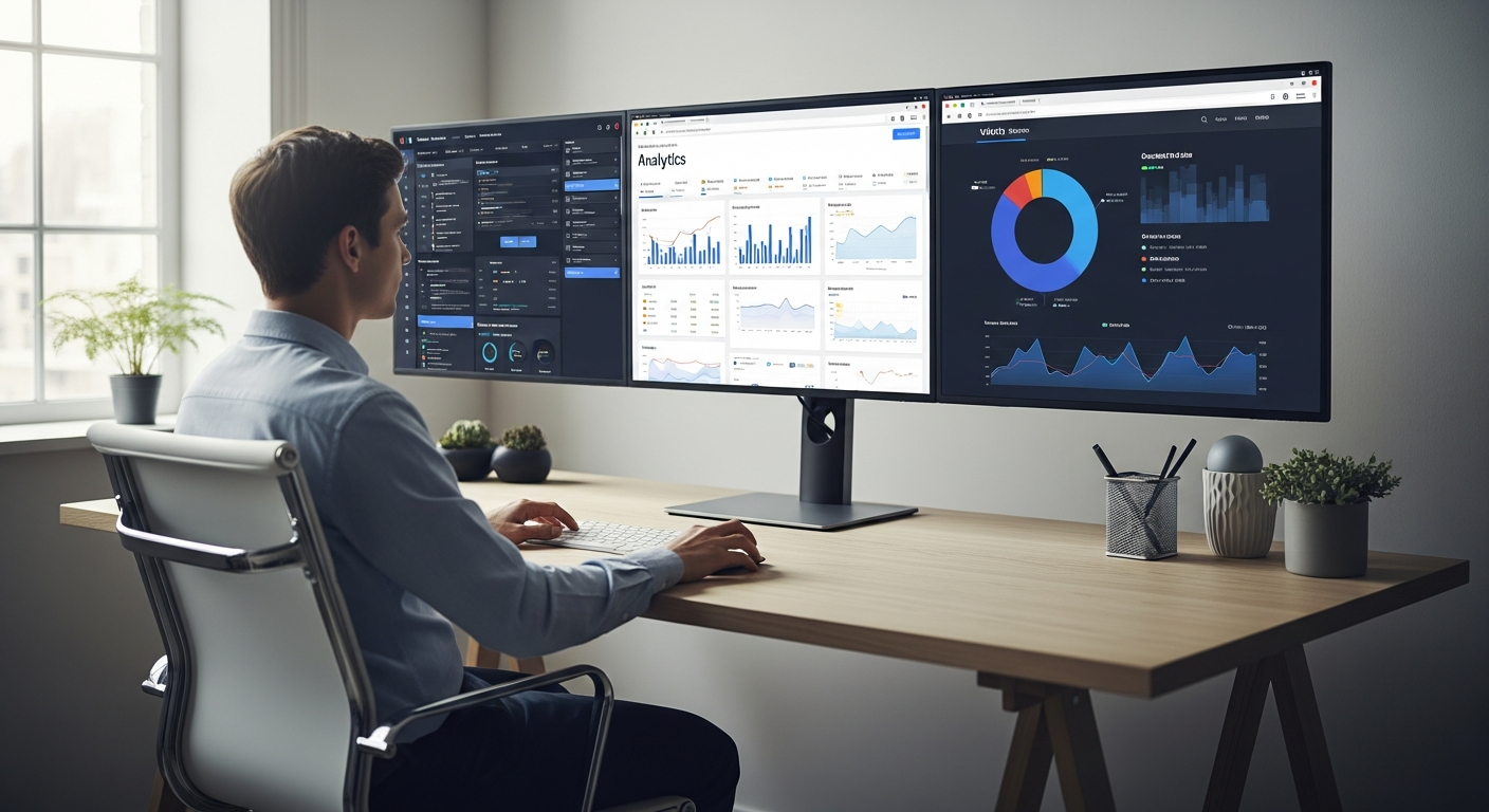 Profesional de marketing digital analizando datos en múltiples pantallas