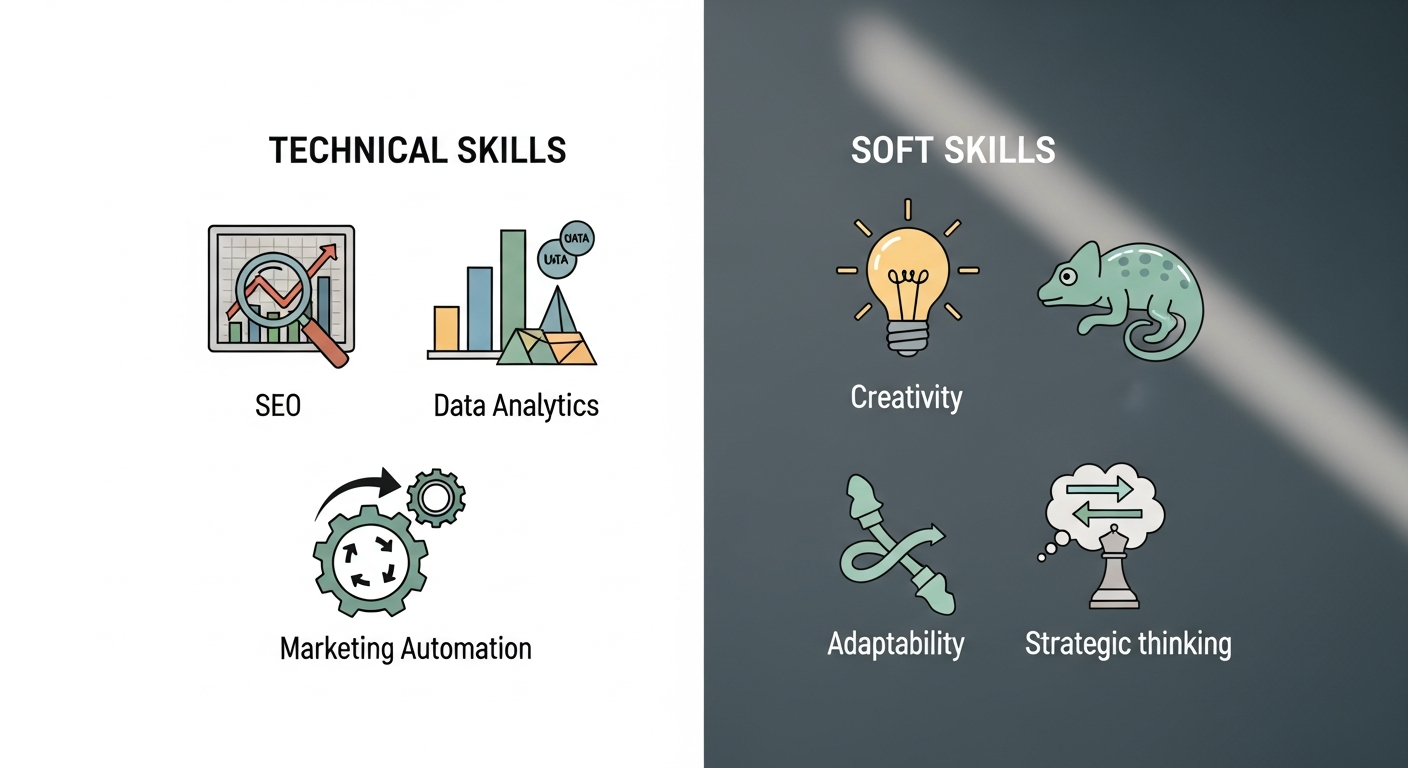 Infografía comparativa de habilidades técnicas y blandas en marketing digital