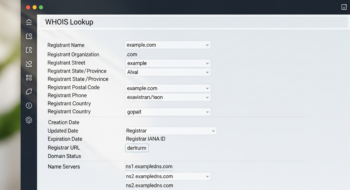 Interfaz de consulta WHOIS mostrando datos de un dominio registrado con información técnica