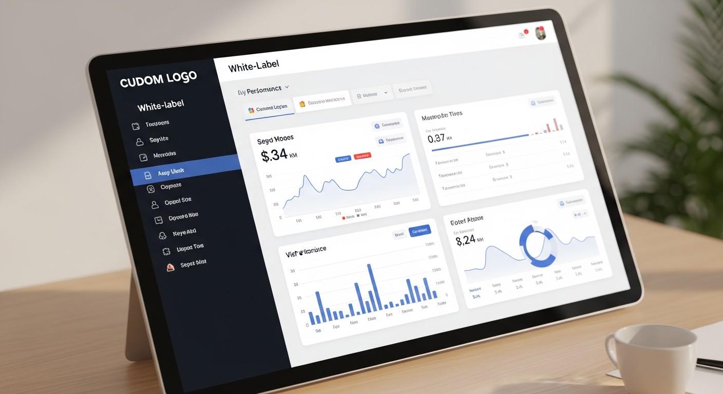Dashboard SEO white label personalizado con marca de agencia mostrando métricas clave