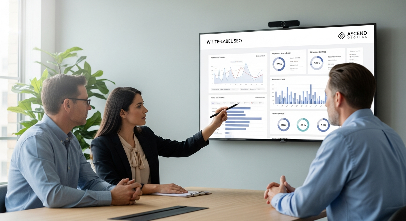 Agencia utilizando software SEO white label para presentar resultados a cliente