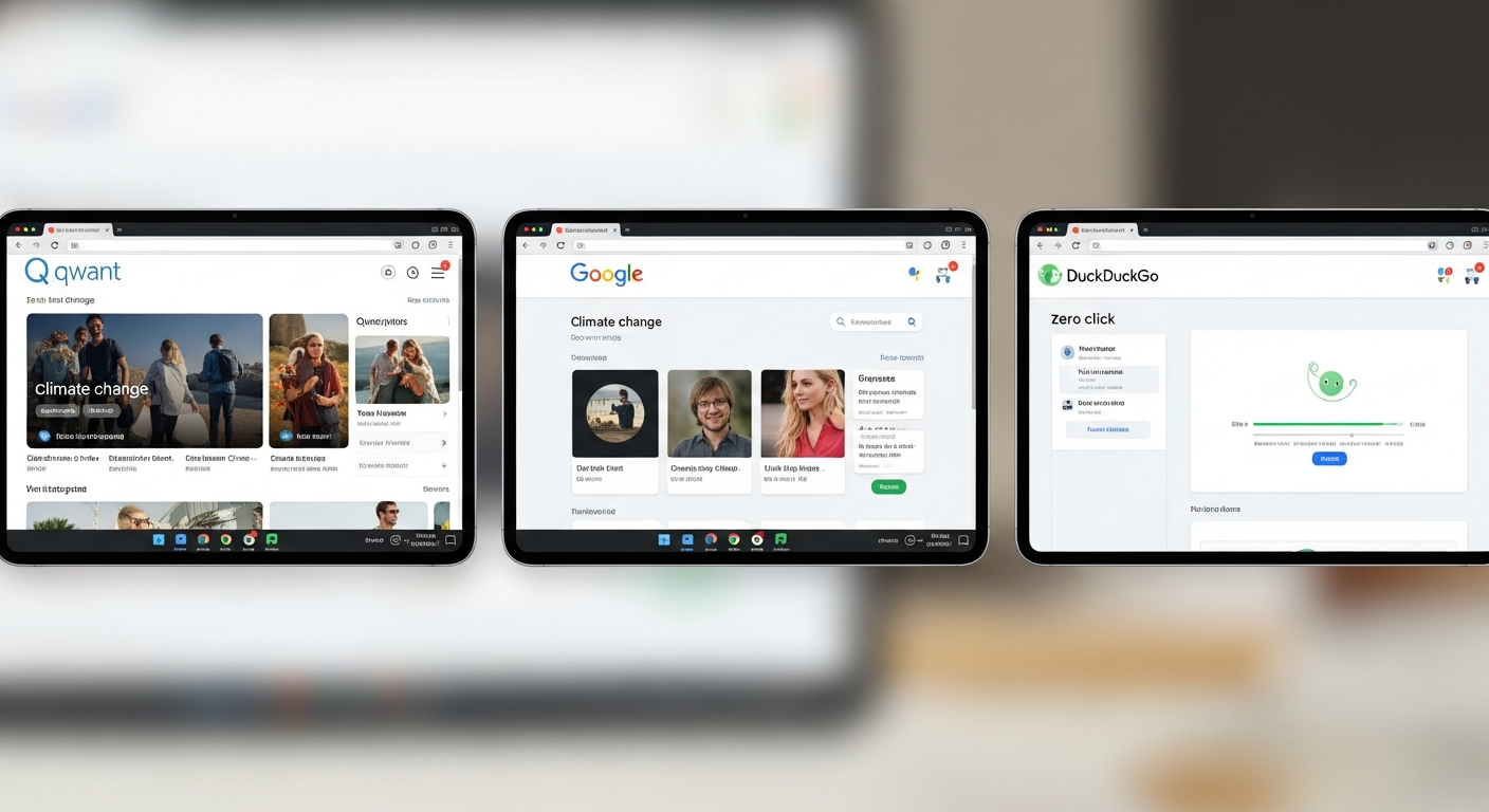 Comparación visual de las interfaces de Qwant, Google y DuckDuckGo