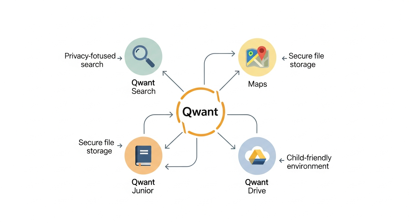 Infografía mostrando el ecosistema de productos de Qwant: Maps, Junior y Drive