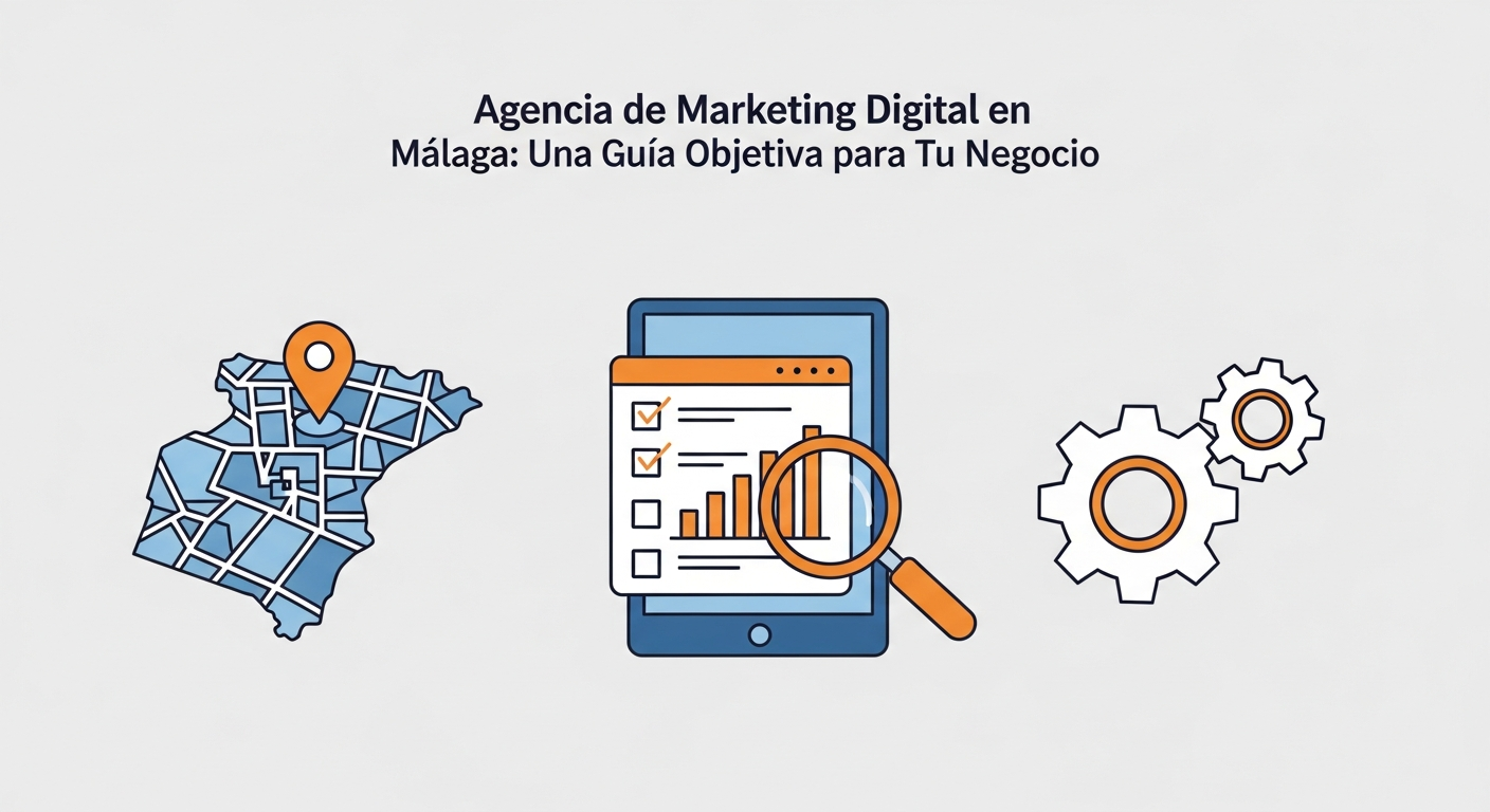 Ilustración conceptual que representa la evaluación de agencias de marketing en Málaga: un mapa estilizado de Málaga, una lupa sobre un gráfico de análisis y un icono de colaboración, todo en un estilo infográfico limpio.