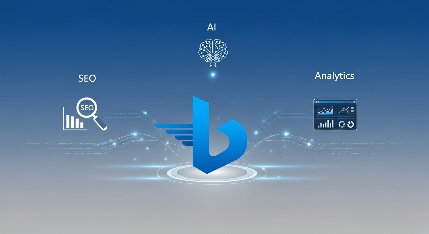 Ilustración conceptual del logo de Bing como un núcleo central del que emanan conexiones a iconos que simbolizan SEO, IA y análisis de datos, representando a Bing como una plataforma integral para profesionales.