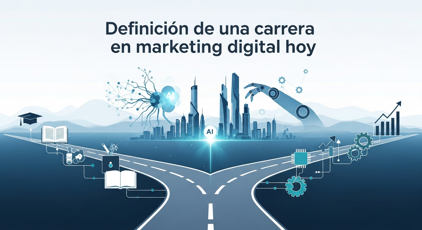 Ilustración conceptual que muestra una bifurcación en un camino digital. Un lado representa el camino académico con símbolos de un libro y un birrete, el otro el camino práctico con iconos tecnológicos. Al fondo, ambos convergen en un futuro con elementos de IA y automatización.