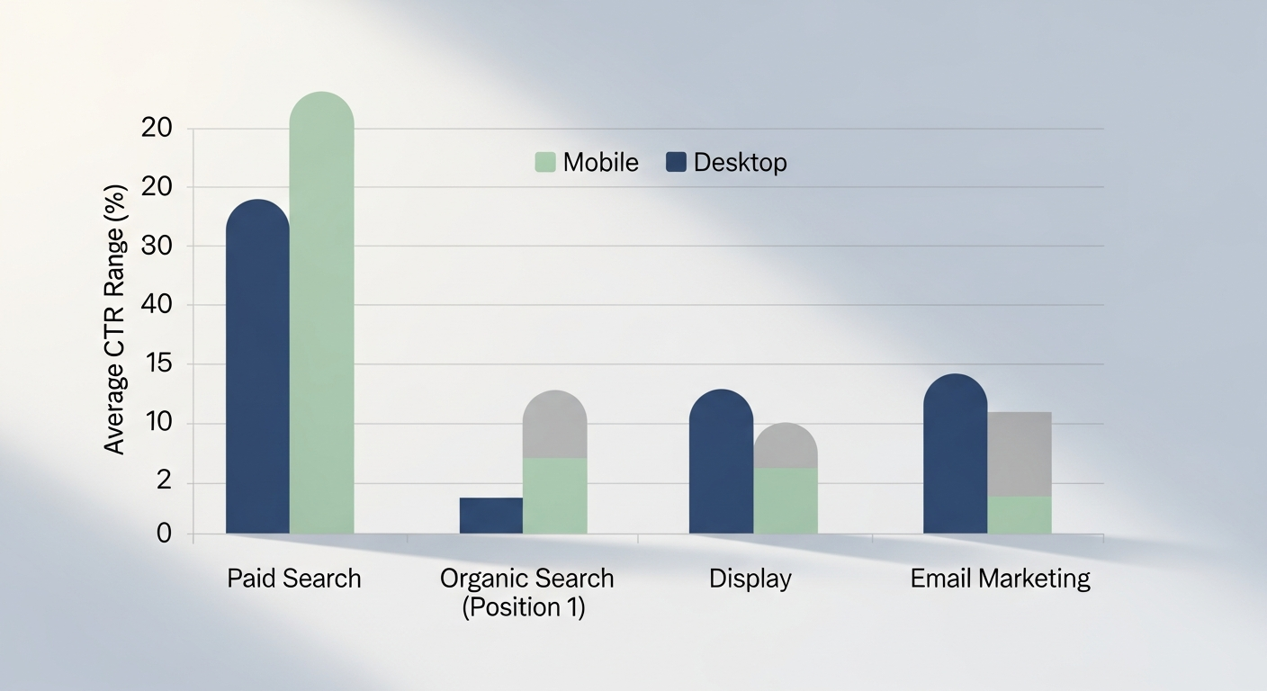 Comparativa de benchmarks de CTR promedio por canal y dispositivo