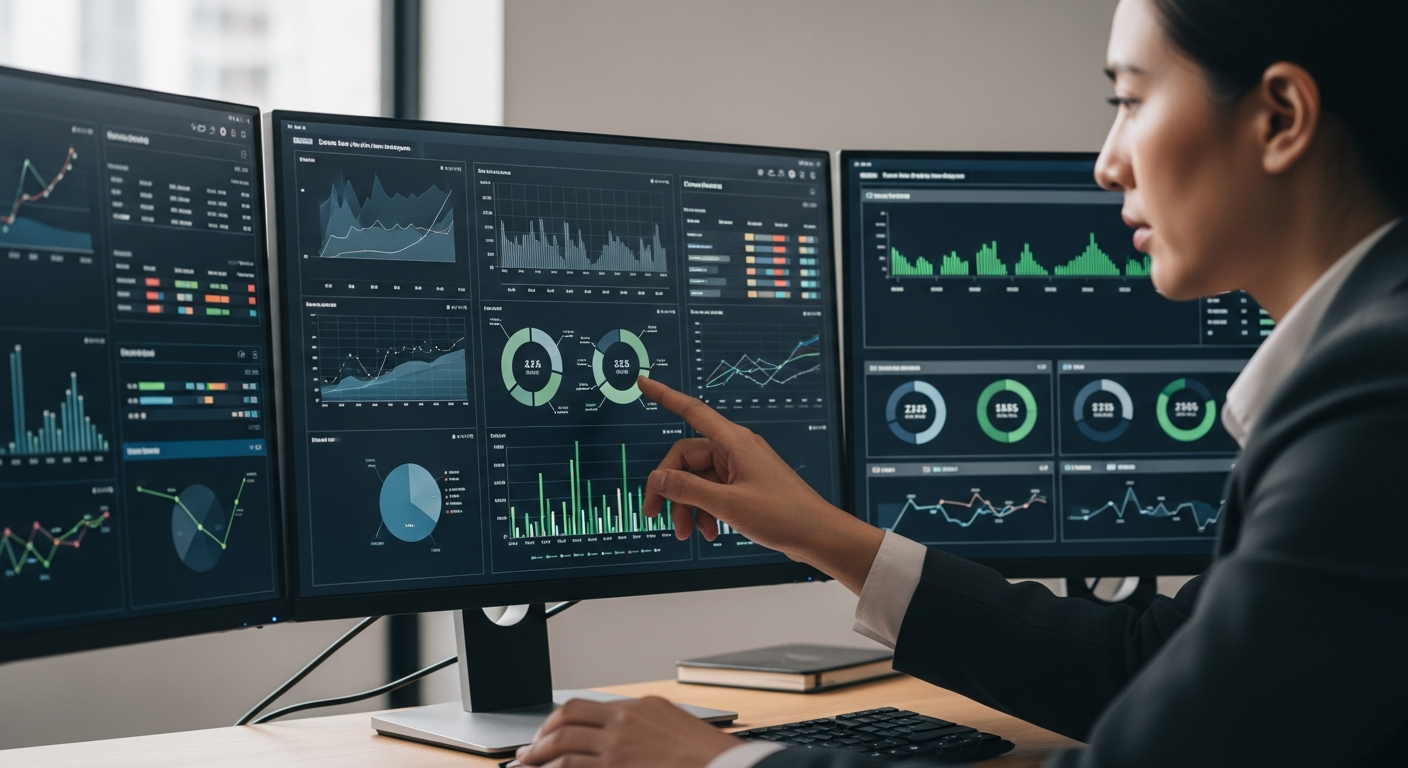 Consultor marketing online analizando datos de estrategia digital en pantallas