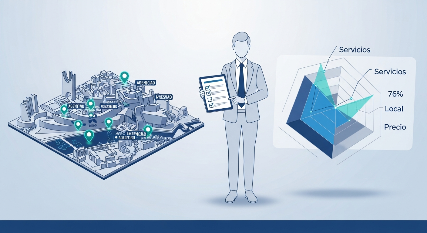 Ilustración profesional que muestra un mapa de Bilbao con ubicaciones marcadas junto a un gráfico de datos y una persona de negocios revisando una checklist, simbolizando una comparativa objetiva de agencias de marketing en la ciudad.