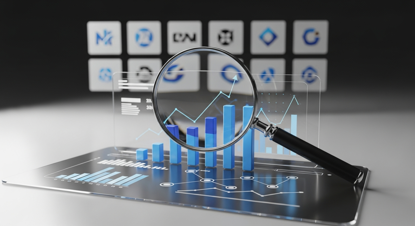 Ilustración conceptual 3D de una lupa analizando un panel de control con métricas de marketing digital, simbolizando la evaluación metódica de agencias.