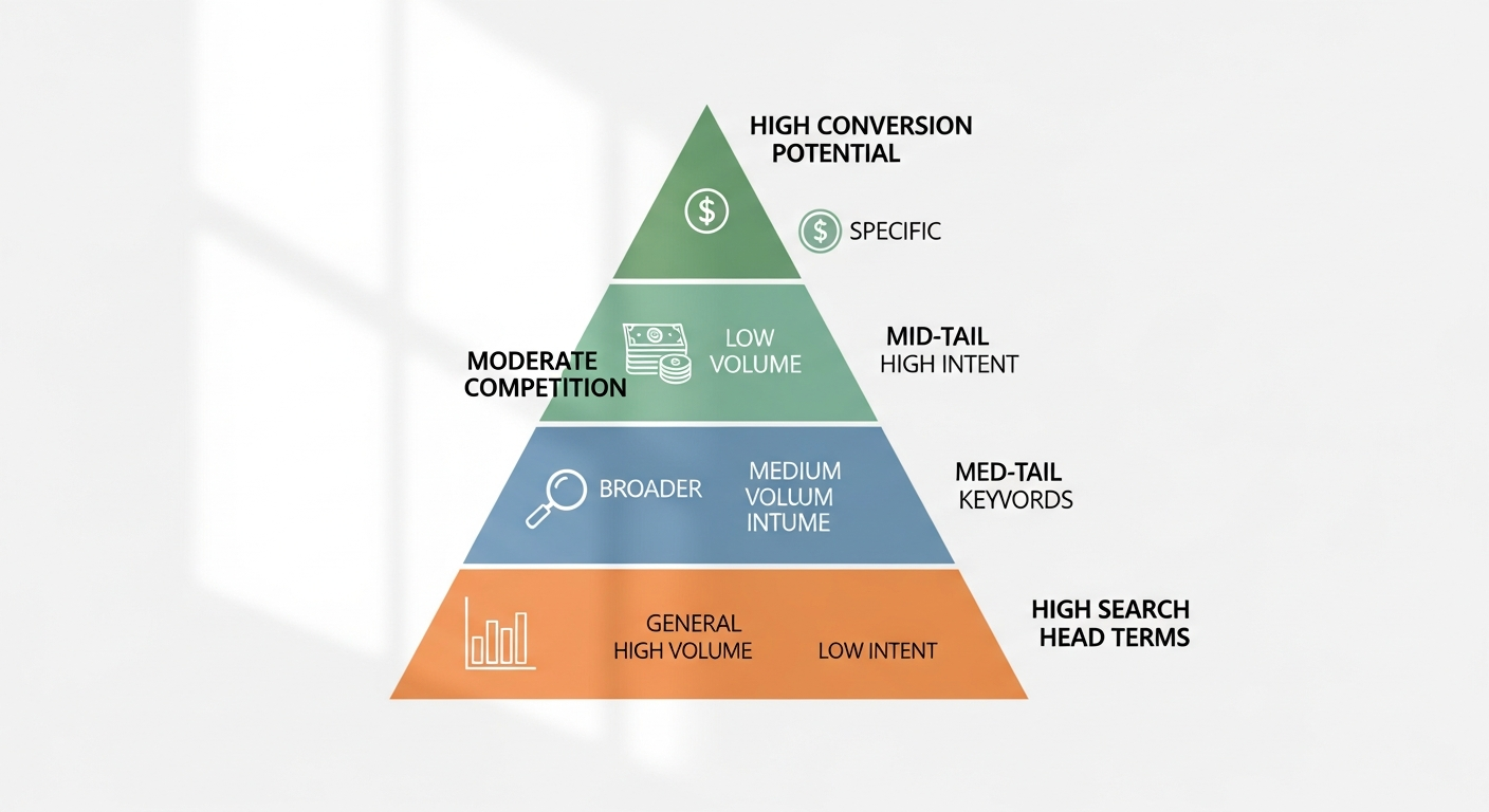 Pirámide de palabras clave mostrando volumen vs especificidad