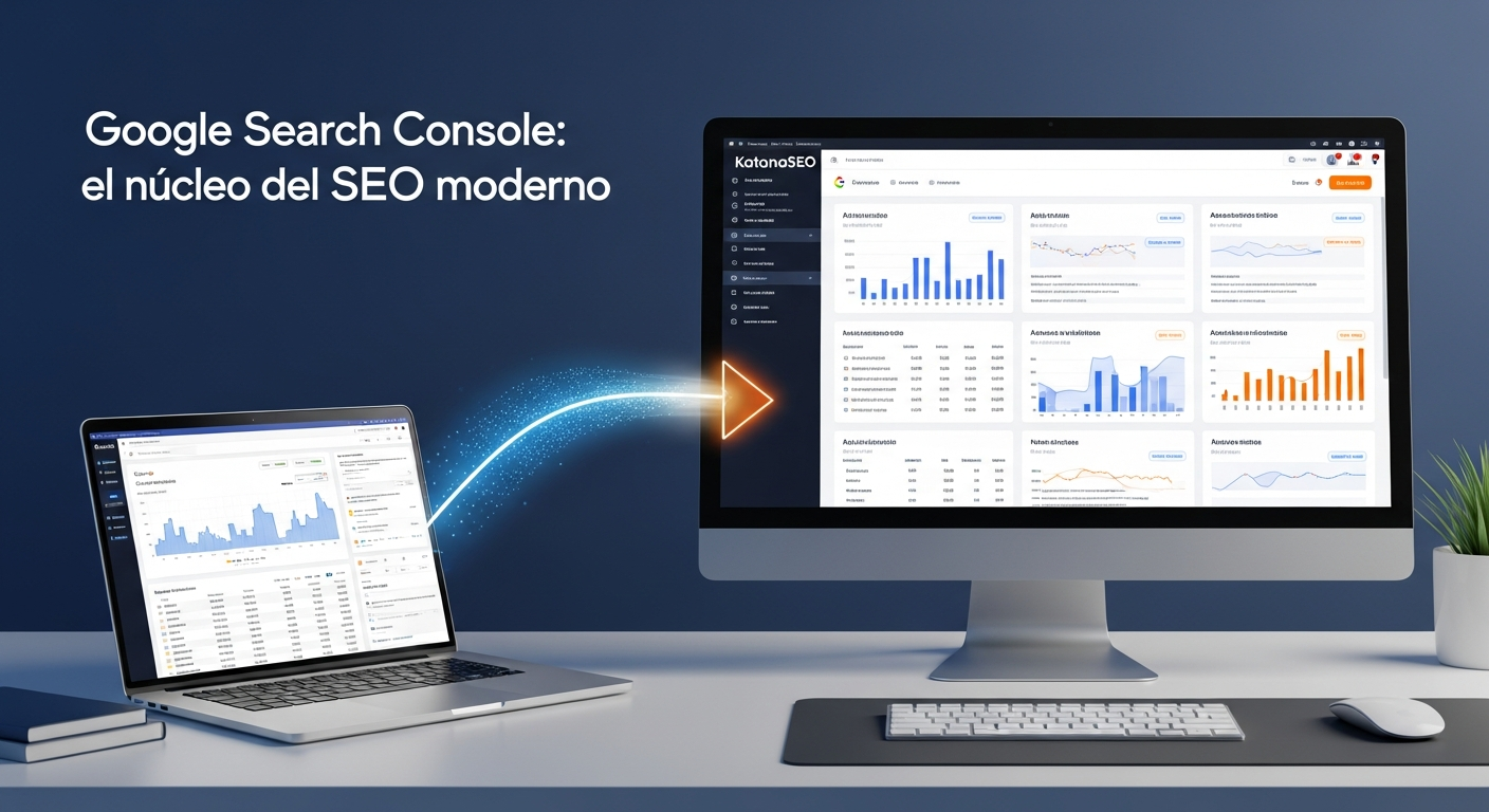 Una representación visual de un flujo de trabajo SEO profesional que muestra la integración de datos de Google Search Console en un dashboard de automatización de SEO KatanaSEO.