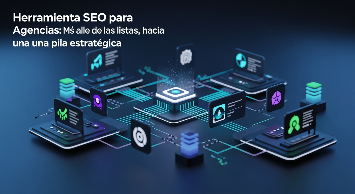 Ilustración 3D moderna de un centro de mando digital o dashboard que muestra múltiples módulos de herramientas SEO interconectados por flujos de datos luminosos, representando una pila de herramientas automatizada y eficiente para agencias.