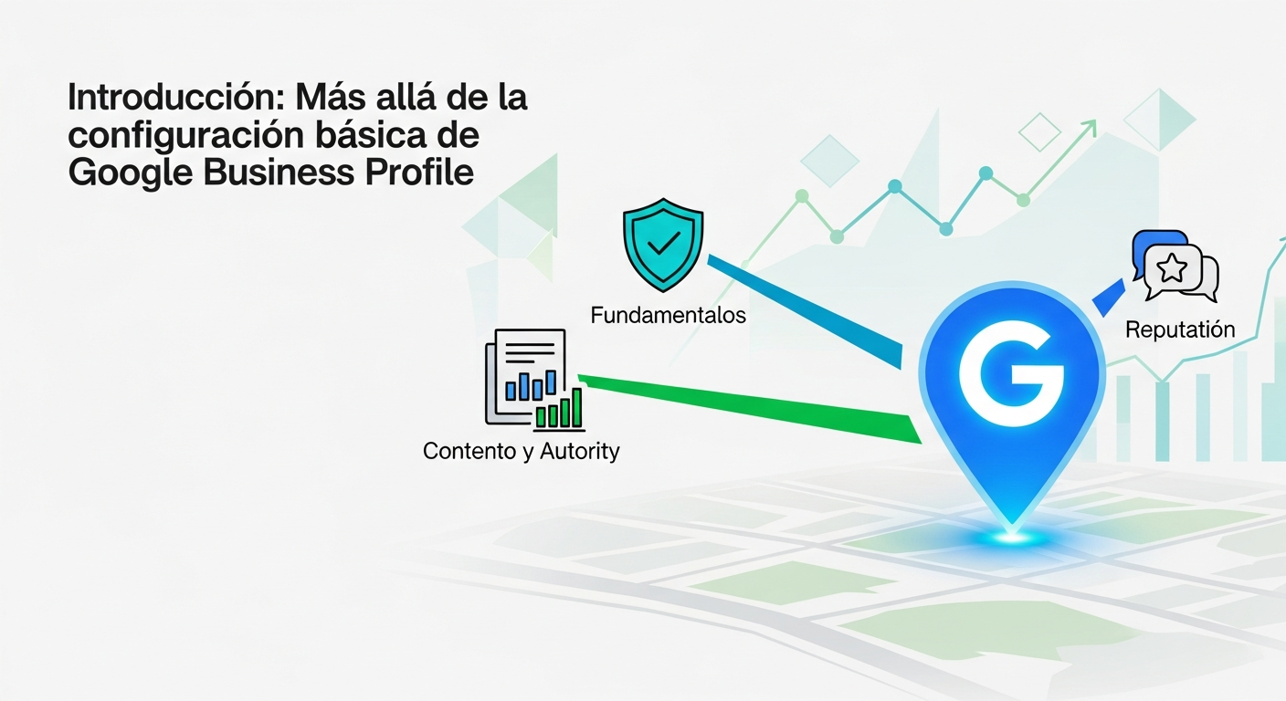 Ilustración infográfica que muestra un perfil de Google Business como un punto central en un mapa, con tres líneas conectándolo a iconos que representan los pilares de optimización: fundamentos de confianza, contenido y autoridad, y gestión de reseñas, sobre un fondo con gráficos sutiles de tendencia al alza.