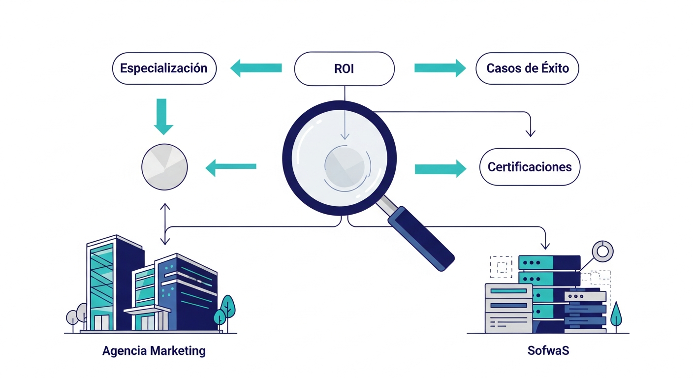Infografía esquemática que representa un análisis comparativo de opciones de inbound marketing B2B, mostrando criterios de evaluación como especialización y ROI que conducen a las vías de agencia o software.