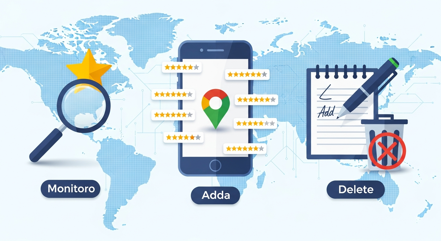 Ilustración infográfica que representa la gestión de reseñas de Google: iconos de lupa (ver), bolígrafo (añadir/editar) y papelera con X (eliminar) alrededor de una pantalla de teléfono móvil mostrando Google Maps y valoraciones.