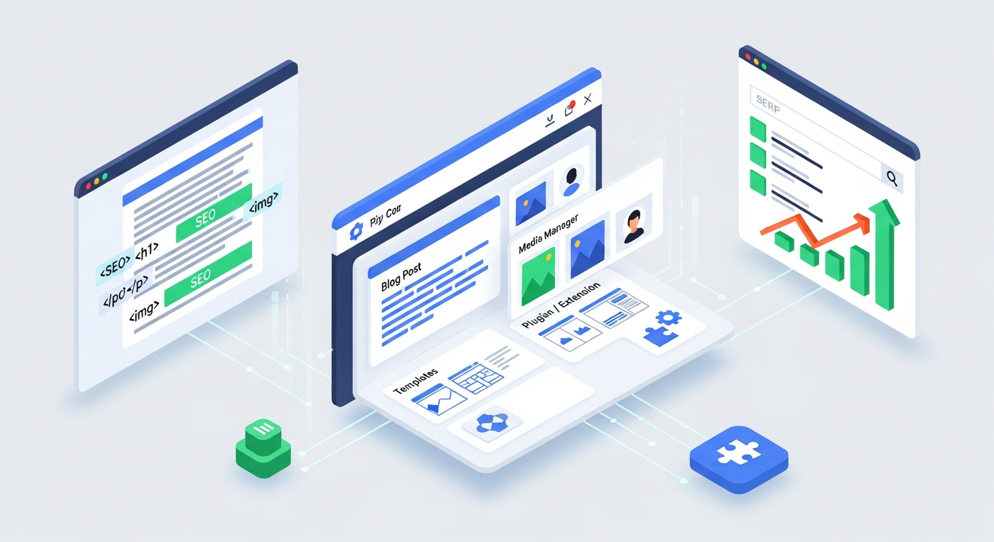 Ilustración 3D isométrica que muestra un panel de control central de un CMS, con módulos que representan un editor de contenido, gestor de medios y plugins. Líneas de datos conectan este panel con la visualización de un sitio web bien estructurado y una página de resultados de búsqueda que muestra un ranking en ascenso, simbolizando la conexión entre la gestión de contenidos y la optimización SEO.