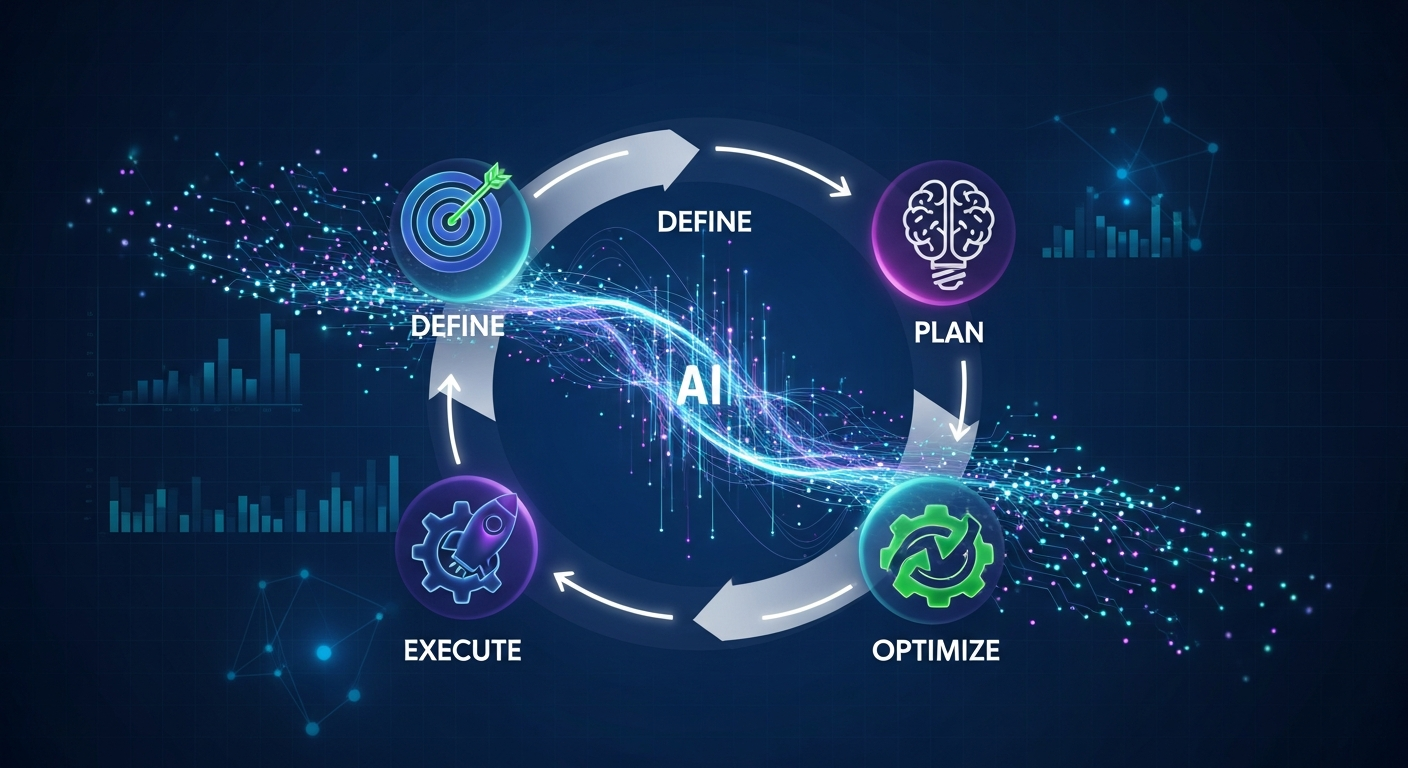 Infografía moderna que ilustra un proceso circular de estrategia de marketing digital con cuatro pasos: Definir, Planificar, Ejecutar y Optimizar, integrado con flujos de datos e IA.