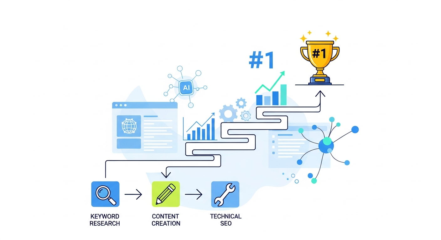 Infografía que ilustra un flujo de trabajo de SEO que escala desde tareas manuales individuales hasta un sistema automatizado integrado, culminando en alcanzar la primera posición en los resultados de búsqueda.